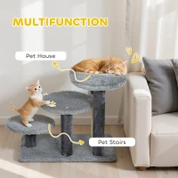 PawHut Drabinka dla Kota 3-stopniowa Schody dla Zwierząt z Łóżkiem i Piłką Schody dla Psów Drabinka dla Kotów do 6 kg Plusz Szary 60 x 40 x 56 cm(m-4)