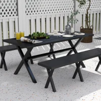 Outsunny Zestaw do Piwnego Ogródka, 3 częściowy, z Stołem, 2 Ławkami, Otworem na Parasol, Meble Ogrodowe z Wyglądem Drewna na Taras, Balkon, 180 x 80 x 73 cm, Czarny(m-8)