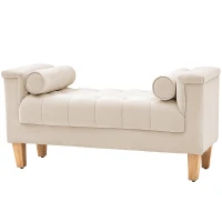 HOMCOM End of Bed Bench, Chenille Upholstered Bench with 2 Cylinder Pillows and Solid Wood Frame, Button Tufted Bedroom Bench for Hallway, Living Room, Beige(m-10)