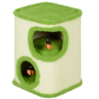 PawHut 52cm Cat Barrel Tower, 2 Story Cat Condo with Sisal Scratching Pad, Toy Ladybugs, Barrel Shaped Cat House Covered in Soft Plush, Green(m-1)
