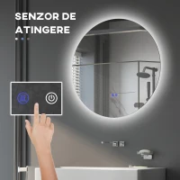 Kleankin Oglinda de Baie Rotunda cu Lumina LED in 3 Culori si intrerupatoare Touch, Ø60x3.5 cm, Transparent(m-4)