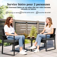 Outsunny Salon de jardin extérieur en résine tressée 2 personnes, table de jardin avec 2 chaises, plateau en verre trempé, noir(m-4)