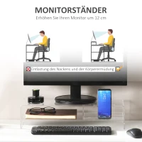 HOMCOM Stojak monitora podnoszący ekran z półką, podstawa monitora do 24 cali, dodatek do biurka dla komputera, PC, laptopa do 5 kg, akryl, 50,8 x 19 x 12 cm(m-4)
