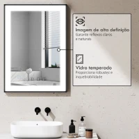 HOMCOM Espelho Casa de Banho com Luz LED 70x50 cm Iluminação Ajustável Função Anti-Embaciamento Função Memória  Preto(m-6)