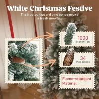 Sztuczna Choinka HOMCOM 180 cm ze Sztucznym Śniegiem, 1000 Końcówek 34 Szyszki z Szeroką Bazą Dekoracje Świąteczne z Metalową Podstawą do Wnętrz(m-5)