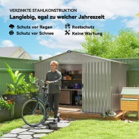 Outsunny Metalowy Domek Narzędziowy 4,9 m², Szopa Ogrodowa z Dwuspadowym Dachem, Drzwi Przesuwne, Fundament, 277 x 195 x 192 cm, Ocynkowana Stal, Odporny na Warunki Atmosferyczne, dla Ogrodu, Szary(m-5)