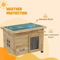 PawHut Drewniany domek dla kota na zewnątrz z zasłoną na drzwiach, Domek dla małych zwierząt z podwyższonym designem, do ogrodu, balkonu, żółty, 57 x 45 x 43 cm(m-5)