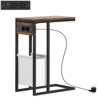 Stolik boczny HOMCOM w kształcie litery C z kieszenią, industrialny stolik nocny z portami USB i gniazdami, Rustykalny Brąz(m-1)