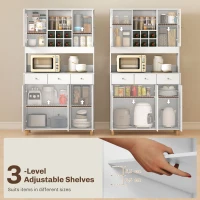 HOMCOM Szafka kuchenna, bufet z regulowanymi półkami, 4 drzwi, szuflada, szafka na zapasy, wysoka szafka z 2 drzwiami szklanymi, 100 x 40 x 180 cm, Biały(m-5)