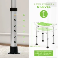 HOMCOM Sgabello da Doccia in Lega di Alluminio e Plastica Antiscivolo, Altezza Regolabile 6 Livelli 39-52cm, Verde(m-6)