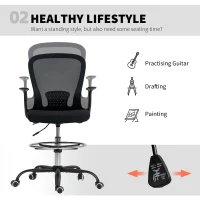 HOMCOM Krzesło biurowe z regulowanym pierścieniem na nogi, wsparcie lędźwiowe, regulowane krzesło obrotowe z wysuwanymi podłokietnikami, krzesło z siatką, Czarne(m-5)