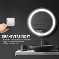 kleankin Lustro Łazienkowe, Ø50 cm, Lustrzany LED, Ściemniane, z Dotykowym Przyciskiem, Funkcją Pamięci, Przeciwmgielną, IP44(m-8)