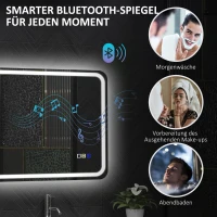 HOMCOM 500 x 700 mm Bluetooth Bathroom Mirror with LED Lights, Illuminated Backlit Wall Mounted Vanity Mirror with 3 Colours Dimmable, Anti-Fog, Memory & Touch Switch, IP44(m-5)