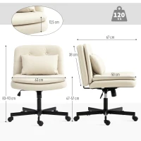 HOMCOM Armless Office Chair, PU Leather Criss Cross Legged Desk Chair with Wide Seat, Double-Tier Padding, Throw Pillow and Tilt Function, Height Adjustable Swivel Computer Seat for Home, Beige(m-3)