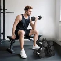 SPORTNOW Ensemble d'Haltères Hexagonaux avec Support, Haltères Revêtus de Caoutchouc, Poignées Antidérapantes en Chrome, Noir(m-10)