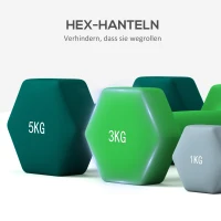 Zestaw hantli SPORTNOW z 6 hantlami i składanym stojakiem, 2 x 1kg, 2 x 3kg, 2 x 5kg, hantle sześciokątne, kettlebell do fitnessu, gimnastyki, domu(m-7)