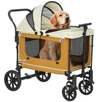 PawHut Dog Stroller, Puppy Buggy Cargo Trailer with Removable Adjustable Canopy, Storage Bag, Washable Cushion, Safety Leashes, Folding Pet Stroller for Large Dogs, Brown(m-11)