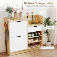 HOMCOM Narrow Shoe Cabinet with 2 Flip Drawers, Modern Slim Shoe Storage Cabinet with 5 Open Shelves, Storage Drawer and 4 Hooks for Hallway, Entryway, Holds 14 Pairs, Natural(m-6)