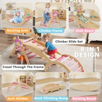 AIYAPLAY 8-w-1 Montessori Drabinka Wewnętrzna Drewniana z Łukiem, Zjeżdżalnią, Motywem Korony, Placem Zabaw z Rampą, Huśtawką dla Dzieci od 1,5 do 4 Lat, Różowy(m-4)