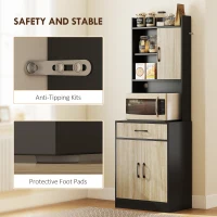 HOMCOM Szafka kuchenna wysoka z 3 drzwiami, szufladą, witryną z 3 otwartymi półkami, półką na mikrofalówkę, otworem na kable, szafka na zapasy do kuchni, salonu, czarna(m-5)