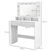 Toaletka HOMCOM z oświetleniem LED, toaletka z lustrem, regulowana jasność, kosmetyczka z 2 szufladami, otwarte półki, do sypialni, biała(m-3)