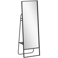 HOMCOM Lustro Pełnowymiarowe 157 x 50 cm, Stojące, z Półką, 2 Haczykami i Metalową Ramą, Duże Lustro, Do Sypialni, Salonu, Przedpokoju, Czarne(m-1)