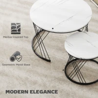 HOMCOM Nesting Coffee Table Set of 2, Modern Round Nest of Tables with Metal Frame and Marble Pattern Top for Living Room, Bedroom, Office, Small Space, White(m-5)