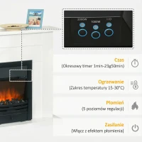 HOMCOM Elektryczny kominek stojący z ogrzewaniem, efekt płomienia LED 3D, funkcja adaptacyjnego startu, 2000W, 2 poziomy mocy, pilot, timer, ochrona przed przegrzaniem, termostat, biały(m-5)