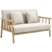 HOMCOM Sofa 2-osobowa, Kanapa z 2 poduszkami lędźwiowymi, Tapicerowana Sofa z ramą drewnianą, W wyglądzie lnu, Nowoczesna Sofa do małych pomieszczeń, Salon, Sypialnia, Beżowa(m-10)