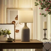 HOMCOM Lampa Stołowa, Vintage Lampa Nocna, Lampa Biurkowa z Ceramiczną Podstawą, Abażurem z Płótna, Przełącznikiem na Przewodzie, E27, do Sypialni Salonu, Piaskowy Brąz + Biały(m-8)