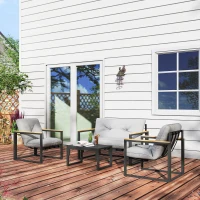 Outsunny Garden Furniture Set, 4 Piece Indoor Outdoor Conservatory with Loveseat Sofa, Armchairs, Metal Top Coffee Table, Cushions for Balcony, Poolside, Patio, Light Grey(m-9)