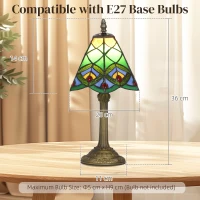 HOMCOM Tiffany-Style Table Lamp with Geometric Patterns, Handcrafted Antique Stained Glass Bedside Lamp for Living Room and Bedroom, E27 Socket, Green(m-3)
