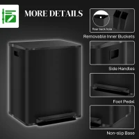 HOMCOM Dual Kitchen Bin, 2 x 25L Double Bin for Recycling and Waste, Stainless Steel Pedal Bin with 2 Compartments, Soft-Close Lid, Removable Inner Buckets and Handles, Black(m-7)