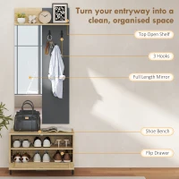 HOMCOM Zestaw do przedpokoju z lustrem, haczykami, ławką na buty, półką, Szafka garderoby, Wymiary: 60 x 13,5 x 127,5 cm, Drewno naturalne(m-4)