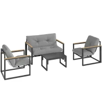 Outsunny Garden Furniture Set, 4 Piece Indoor Outdoor Conservatory with Loveseat Sofa, Armchairs, Metal Top Coffee Table, Cushions for Balcony, Poolside, Patio, Light Grey(m-1)