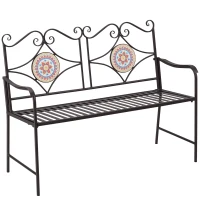 Outsunny Ławka ogrodowa z metalu, 2-osobowa Ławka parkowa z oparciem, podłokietnikiem, ławka z mozaikowymi kamieniami do ogrodu, na balkon, max. 220 kg, Brązowy, 121 x 52 x 93 cm(m-11)