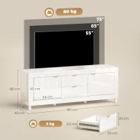 HOMCOM Mobile TV per televisori fino a 190,5 cm, moderno centro entertainment con 2 armadietti e 2 cassetti, Bianco lucido(m-3)