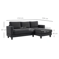 HOMCOM Sofa narożna z szezlongiem, 3-osobowa, sofa w kształcie litery L, tapicerowana narożnik z wyglądem kordu, z wysokogęstościową pianką, do 400 kg, do salonu, sypialni, 214 x 134 x 87 cm, Ciemnoszary(m-3)