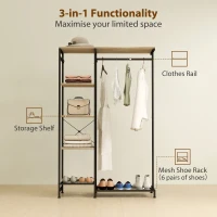HOMCOM Freestanding Coat Rack Stand, Modern Hall Tree with Clothes Rail, Mesh Shoe Rack and Metal Frame for Hallway, Living Room, Bedroom, Oak and Black(m-4)