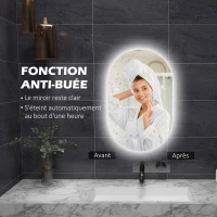 kleankin Miroir ovale mural lumineux LED salle de bain 81 x 51 cm 3 couleurs luminosité réglable interrupteur tactile transparent(m-5)