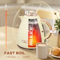 Czajnik HOMCOM ze stali, 1,7 l, bez BPA, elektryczny, 2200 W z obrotową podstawą, filtr na kamień, wskaźnik poziomu wody, automatyczne wyłączanie i ochrona przed suchym gotowaniem, Beżowy(m-4)