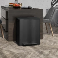 HOMCOM Dual Kitchen Bin, 2 x 25L Double Bin for Recycling and Waste, Stainless Steel Pedal Bin with 2 Compartments, Soft-Close Lid, Removable Inner Buckets and Handles, Black(m-2)