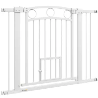 PawHut Stair Gate, 77cm Extra Tall Dog Gate with Adjustable Width 76-104cm, Pressure Fit Safety Gate with Cat Door, 7cm and 14cm Extensions, for Stairs & Doorways, Easy Installation, White(m-6)