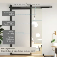 Kompletny zestaw okuć do drzwi przesuwnych HOMCOM 183 cm, z szynami, rolkami, urządzeniami przeciwskokowymi, stoperami do drzwi, prowadnicą, system drzwi przesuwnych ze stali węglowej, kolor czarny(m-5)