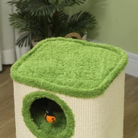 PawHut 76cm Cat Barrel Tower, 3 Story Cat Condo with Sisal Scratching Pad, Toy Ladybugs, Barrel Shaped Cat House Covered in Soft Plush, Green(m-9)