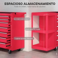 HOMCOM Carro de Herramientas con 7 Cajones Estantería de 3 Niveles Desmontable Sistema de Cierre Central Asa Rojo(m-4)