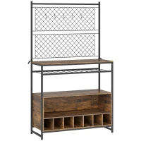 HOMCOM Kitchen Bakers Rack with Wine Storage, 96.5 cm Microwave Stand with Metal Wire Panels and 5 Hooks, Coffee Bar Station, Kitchen Storage Shelf for Spices, Pots and Pans, Rustic Brown(m-1)