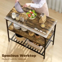 HOMCOM Regał kuchenny, 3-poziomowy stojak z dużym blatem roboczym, Industrialny regał na pieczywo ze stalowym ramieniem, do jadalni, kuchni, salonu, 100 x 50 x 90 cm, Rustykalny brąz + czarny(m-4)