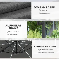 Outsunny 3(m) Cantilever Garden Parasol with Solar Powered Lights, Crank Handle & Cross Base, UPF 50+, 360° Rotation, Dark Grey(m-8)