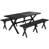 Outsunny Zestaw do Piwnego Ogródka, 3 częściowy, z Stołem, 2 Ławkami, Otworem na Parasol, Meble Ogrodowe z Wyglądem Drewna na Taras, Balkon, 180 x 80 x 73 cm, Czarny(m-1)